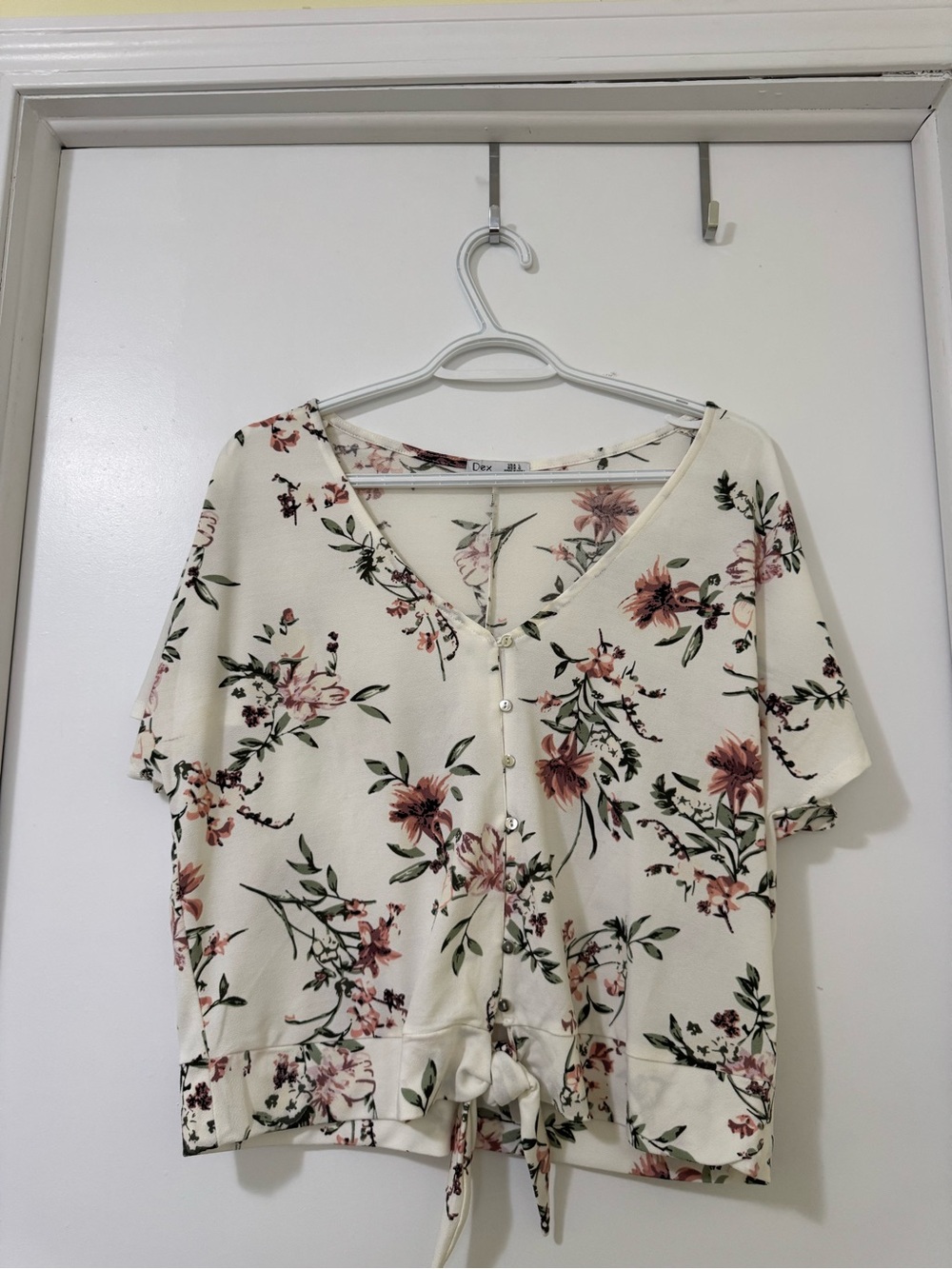Dex Cream Top with Pink Floral and Green Leaves